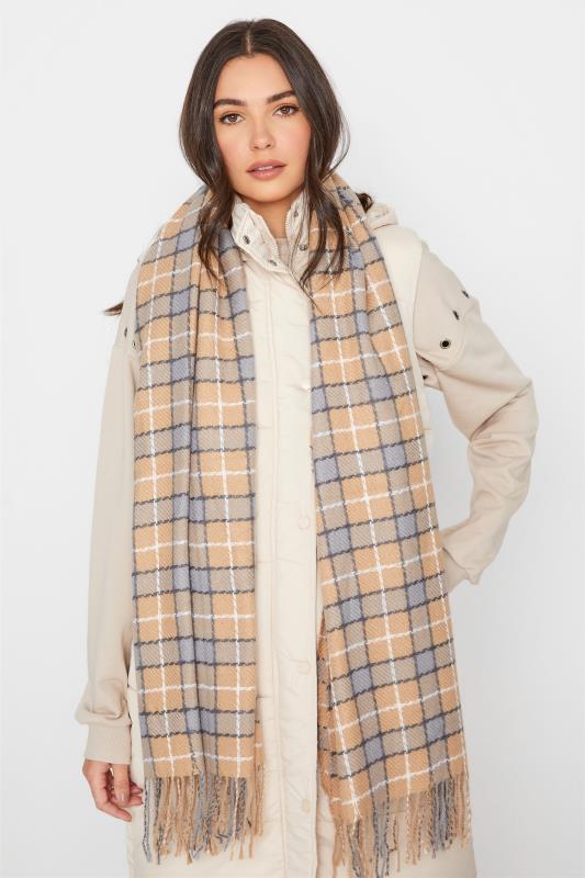 Plus Size Beige Brown Check Print Tassel Scarf | Yours Clothing 1