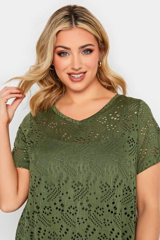 YOURS Curve Plus Size Khaki Green Broderie Anglaise Swing V-Neck T-Shirt | Yours Clothing  4