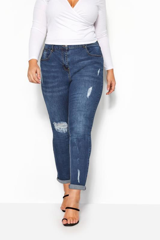 Plus Size Boyfriend Jeans Mid Blue Distressed MOM Jeans