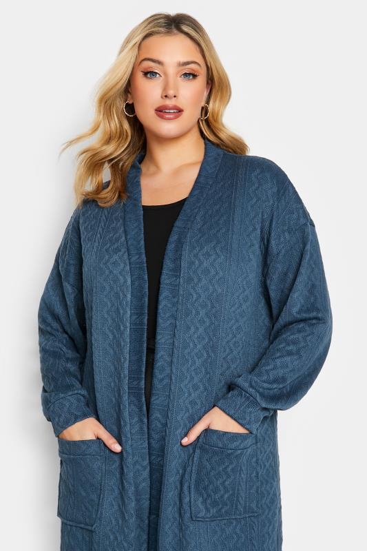 YOURS LUXURY Plus Size Blue Soft Touch Cable Knit Cardigan | Yours Clothing 1