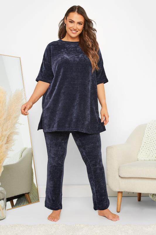 Plus Size Navy Blue Chenille Lounge Joggers | Yours Clothing 2