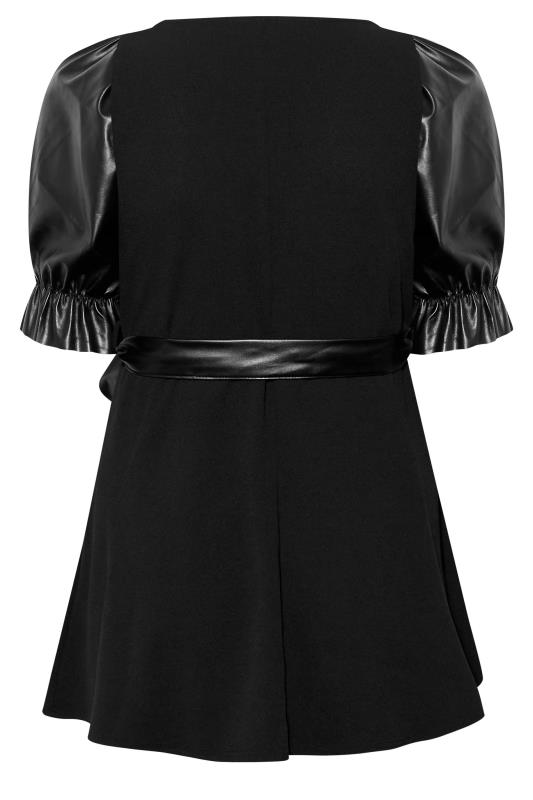 YOURS LONDON Plus Size Black Leather Look Puff Sleeve Peplum Top | Yours Clothing 7