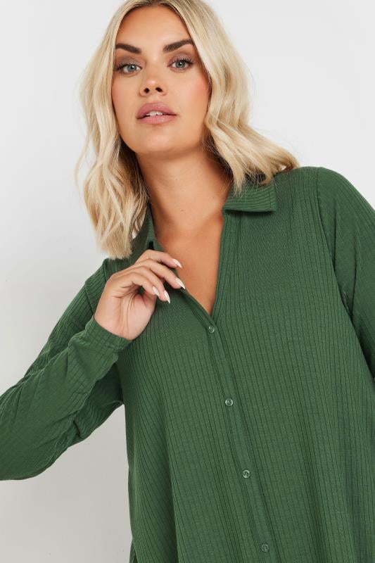 YOURS Plus Size Forest Green Ribbed Collared Top | Yours Clothing  4