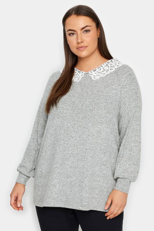  Grande Taille Evans Grey Lace Collar Soft Touch Top
