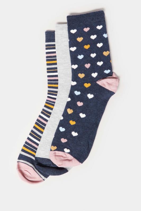 LTS 3 PACK Blue & Grey Heart Stripe Ankle Socks | Long Tall Sally 2