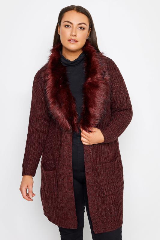 Plus Size  Evans Red Faux Fur Collar Cardigan