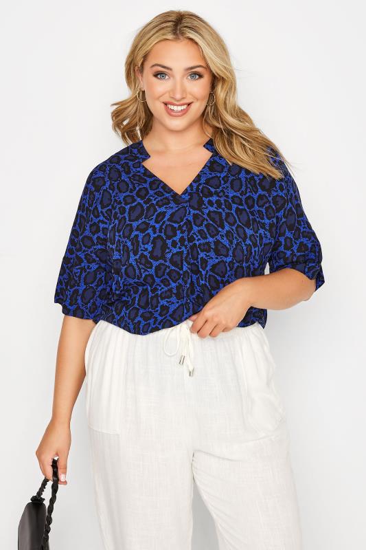 Plus Size Blue Leopard Print V-Neck Shirt | Yours Clothing  2