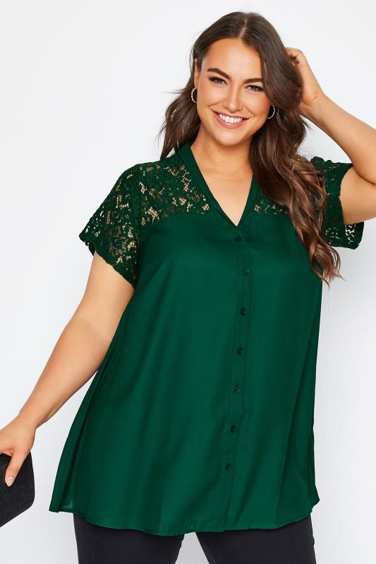 LIMITED COLLECTION Plus Size Forest Green Lace Insert Blouse | Yours Clothing 1