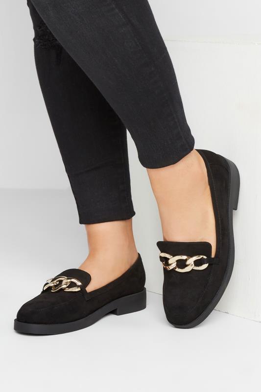 Grande Taille Black Faux Suede Chain Detail Loafers In Extra Wide EEE Fit