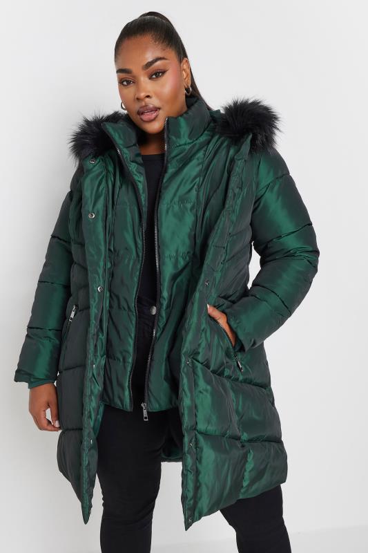 YOURS Plus Size Forest Green Faux Fur Trim Puffer Coat Yours Clothing