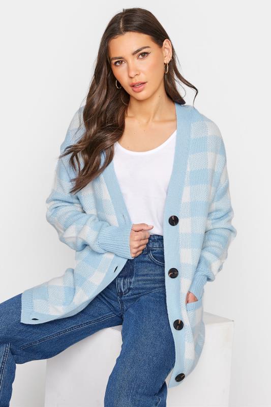 LTS Tall Blue Gingham Button Knitted Cardigan 4