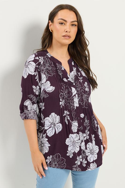 YOURS Plus Size Purple Floral Pintuck Top | Yours Clothing 1