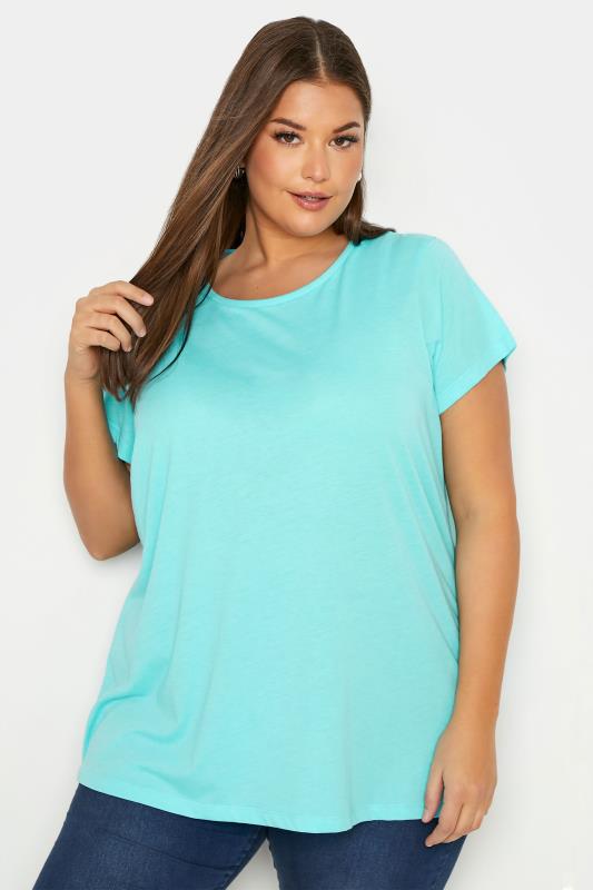Plus Size  Curve Bright Aqua Blue Short Sleeve Basic T-Shirt
