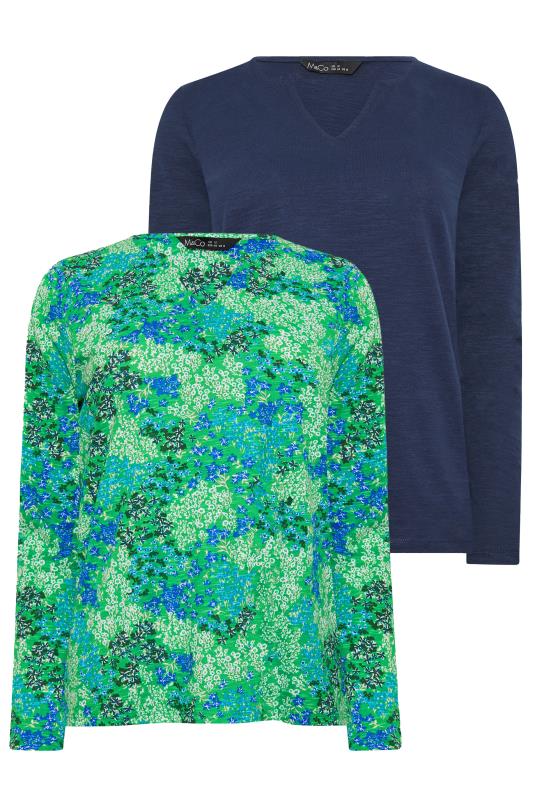 M&Co 2 Pack Green & Navy Ditsy Floral Notch Neck Long Sleeve Tops | M&Co 8