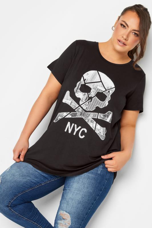 YOURS Curve Plus Size Black NYC Skull Print T-Shirt | Yours Clothing  1