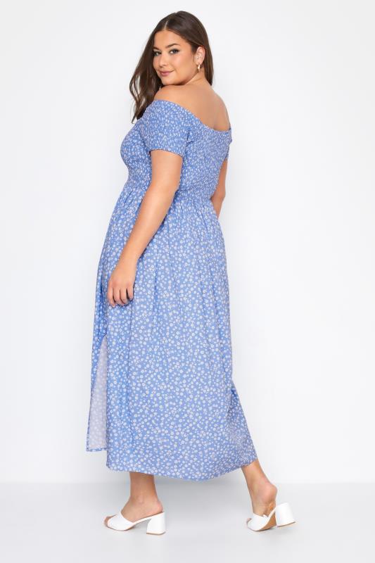 Curve Blue Ditsy Print Bardot Maxi Dress 3