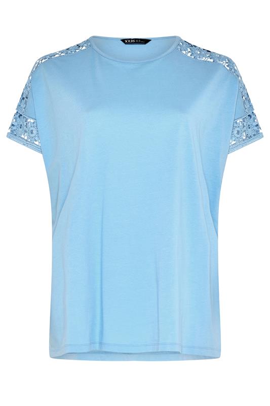 YOURS Curve Blue Crochet Sleeve Boxy T-Shirt | Yours Clothing 5