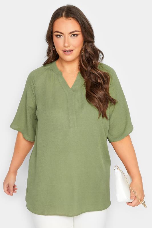 YOURS Plus Size Khaki Green V-Neck Blouse | Yours Clothing 1