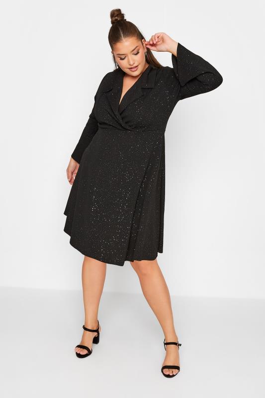 LIMITED COLLECTION Plus Size Black Glitter Blazer Dress | Yours Clothing 1