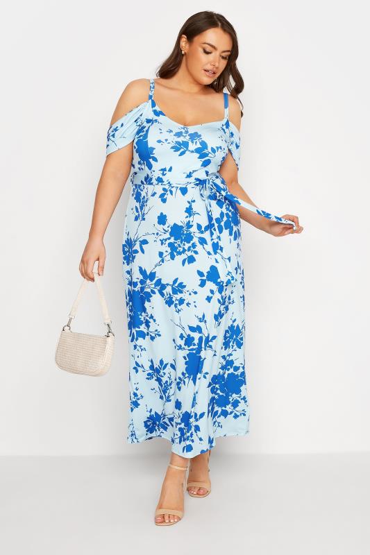 YOURS LONDON Plus Size Blue Floral Cold Shoulder Maxi Dress | Yours Clothing 2