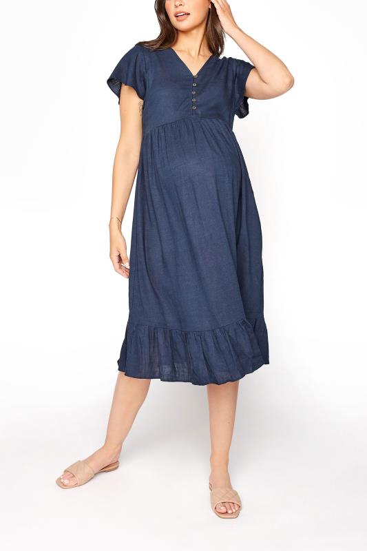LTS Tall Maternity Navy Blue Linen-blend Dress_A.jpg