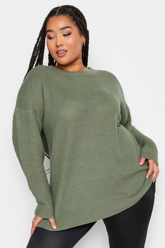 YOURS Plus Size Sage Green Drop Shoulder Knitted Jumper | Yours Clothing 1