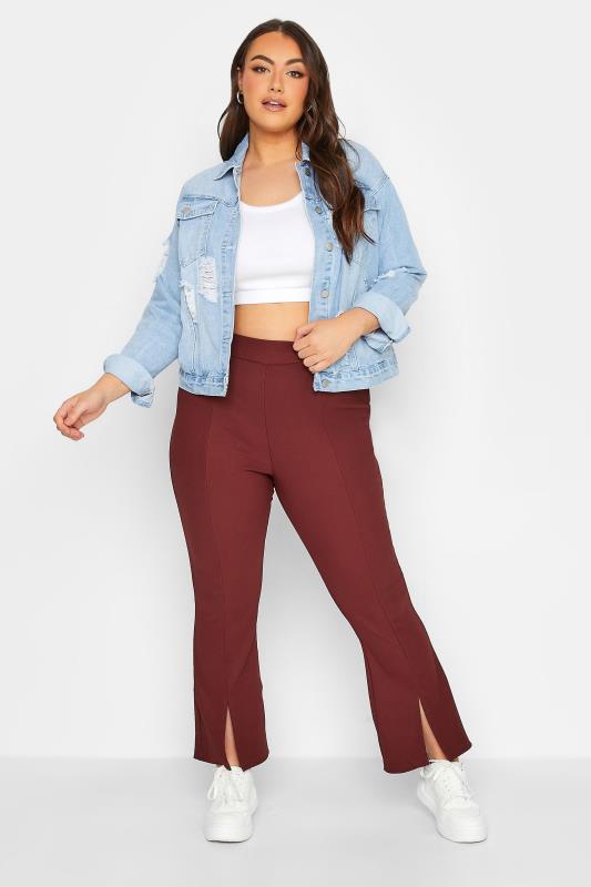 Plus Size Burgundy Red Split Front Flared Leggings | Yours Clothing 2