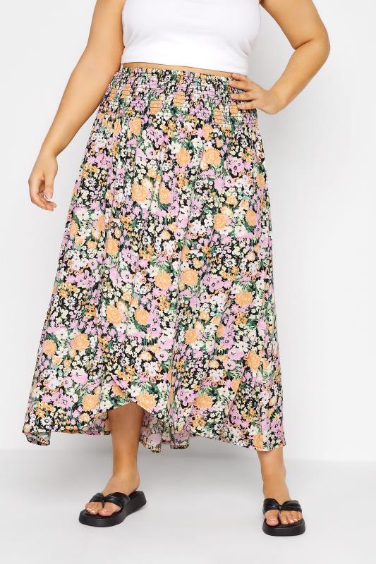 Großen Größen  Curve Pink Floral Shirred Waist Maxi Skirt Size 14-40
