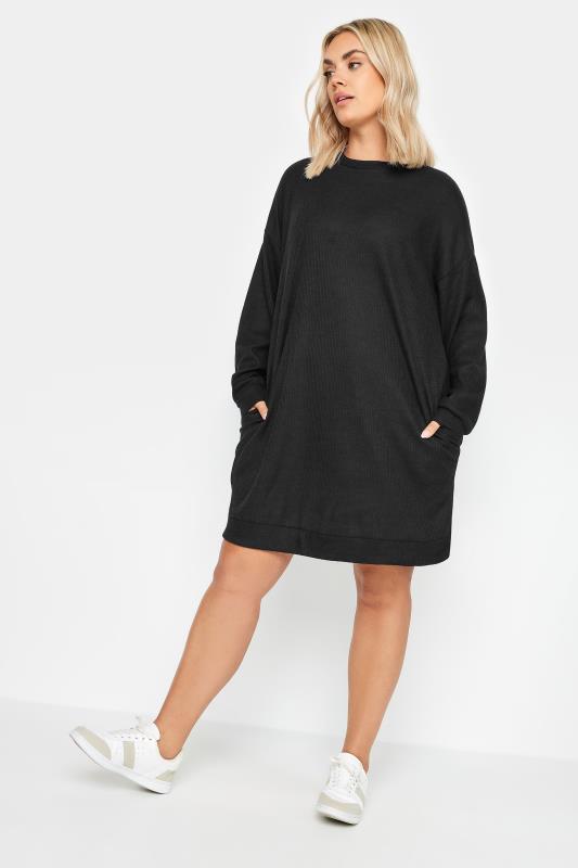 YOURS Plus Size Black Ribbed Soft Touch Jumper Dress | Yours Clothing 1