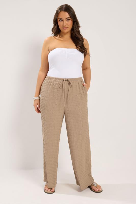 YOURS Plus Size Natural Brown Wide Leg Crinkle Trousers | Yours Clothing 1