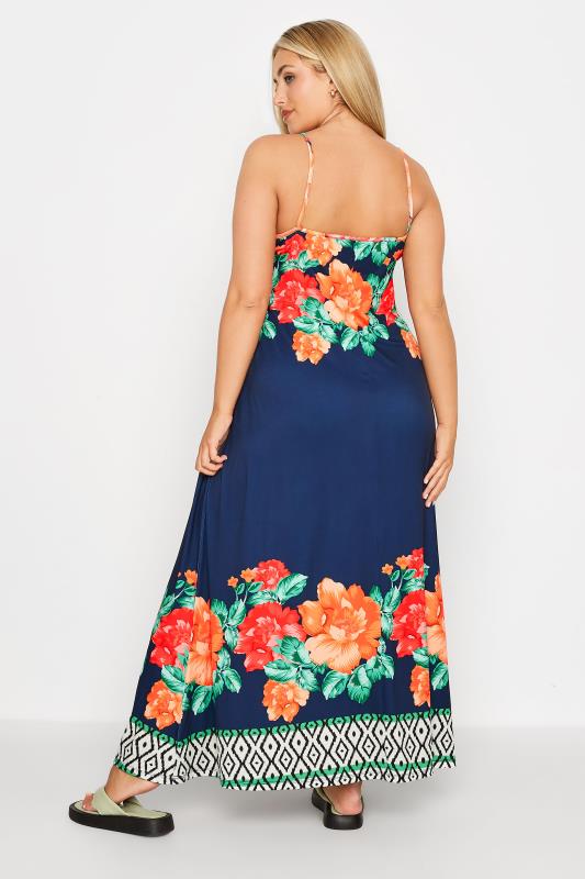 Curve Navy Blue Floral Border Print Strappy Dress | Yours Clothing 3