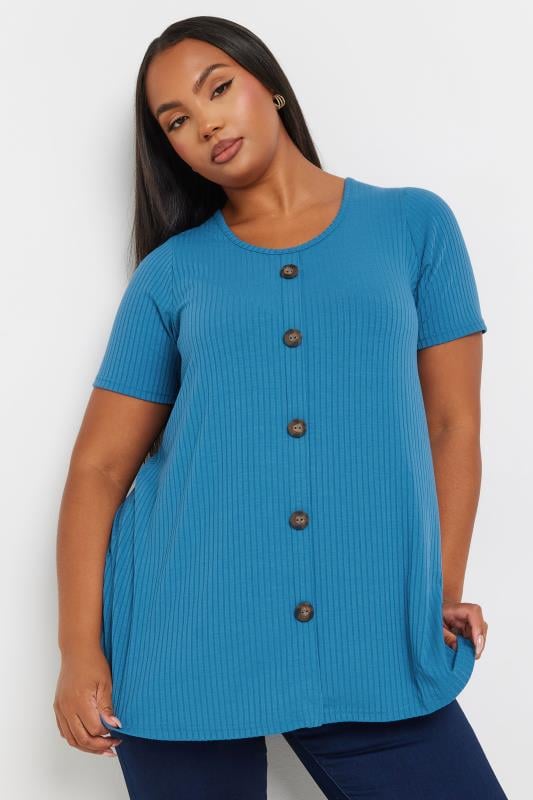  YOURS Curve Blue Button Front Ribbed Swing Top