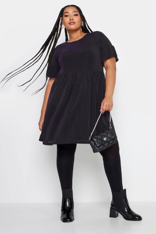  Grande Taille YOURS Curve Black & Purple Glitter Frill Sleeve Tunic Dress