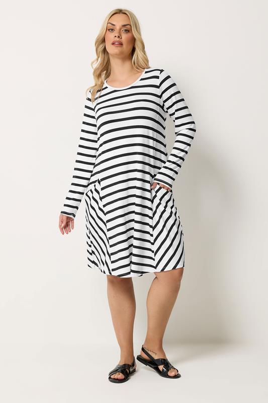 YOURS Plus Size Black & White Stripe Drape Pocket Dress | Yours Clothing 1