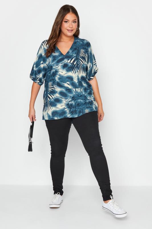 Plus Size Blue Leaf Print Pleat Front V-Neck Top | Yours Clothing 2