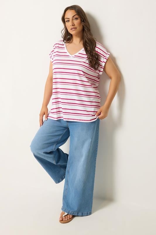 YOURS Plus Size White & Pink Stipe V-Neck T-Shirt | Yours Clothing 1