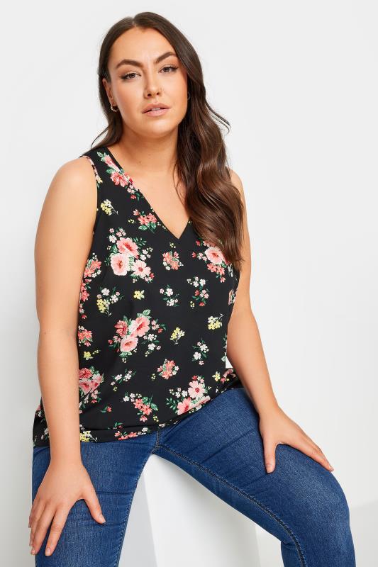 YOURS Plus Size Black & Pink Floral Print Vest Top | Yours Clothing 1