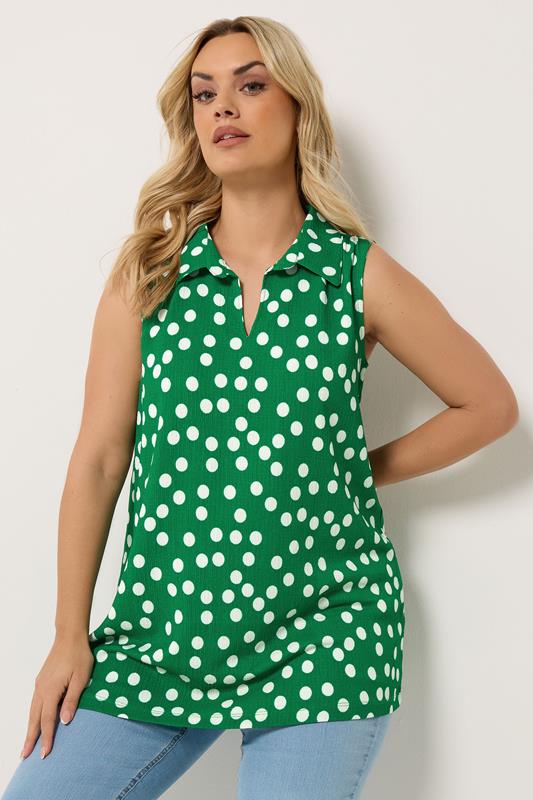 YOURS Plus Size Green Polka Dot Collared Vest Top | Yours Clothing 1