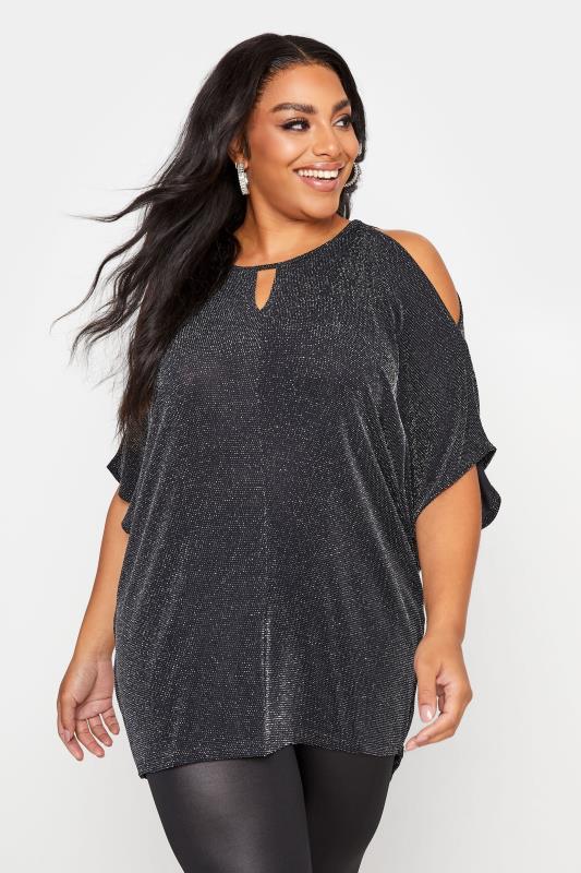 YOURS LONDON Black & Silver Metallic Cold Shoulder Top_A.jpg