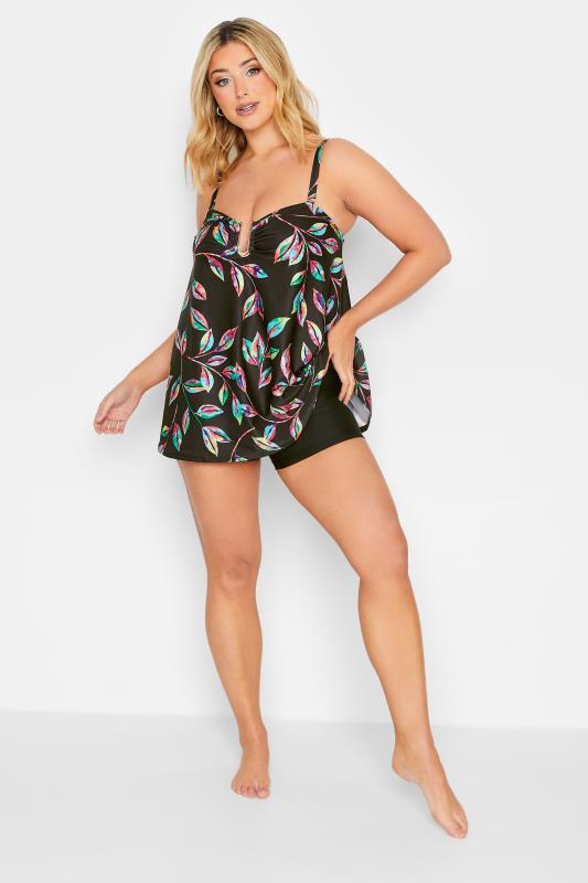 YOURS Curve Plus Size Black Tropical Print Tankini Top | Yours Clothing  7
