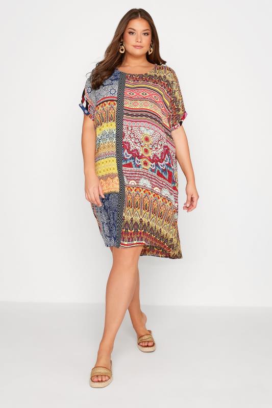  Grande Taille Curve Red Mixed Print Dipped Hem Shift Tunic Dress