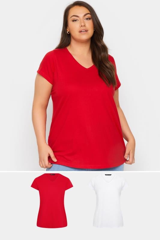 YOURS Plus Size 2 PACK Red & White Core T-Shirts | Yours Clothing 1