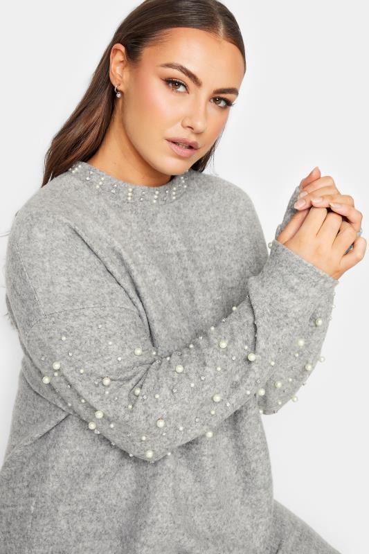 YOURS LUXURY Curve Grey Pearl & Sequin Embellished Long Sleeve Soft Touch Jumper | Yours Clothing 5