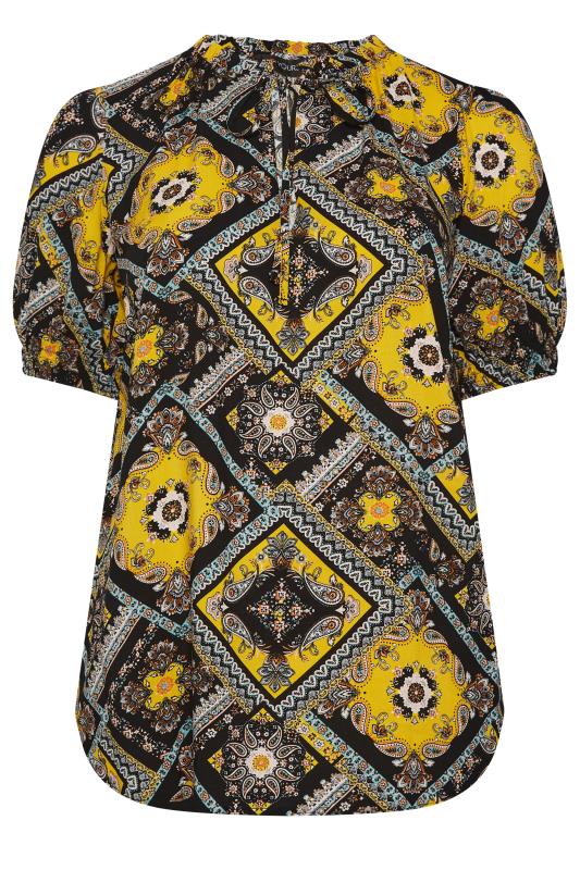 YOURS Plus Size Yellow & Black Paisley Tie Neck Blouse | Yours Clothing 6
