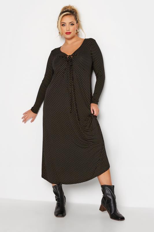 LIMITED COLLECTION Plus Size Black Polka Dot Keyhole Tie Neck Midaxi Dress | Yours Clothing 3