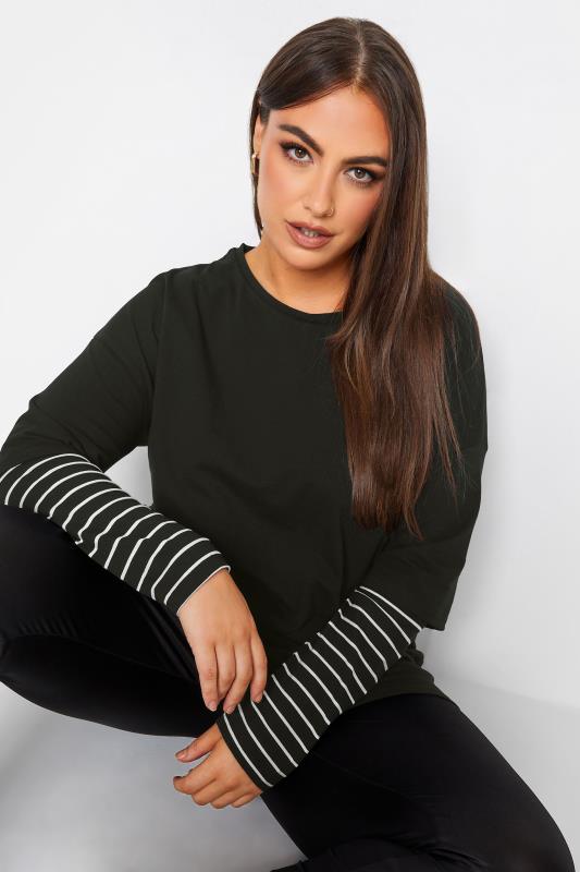 YOURS Plus Size Black Stripe Sleeve Double Layer T-Shirt | Yours Clothing 4
