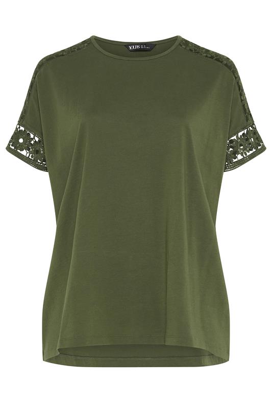YOURS Curve Khaki Green Crochet Sleeve Boxy T-Shirt | Yours Clothing 5