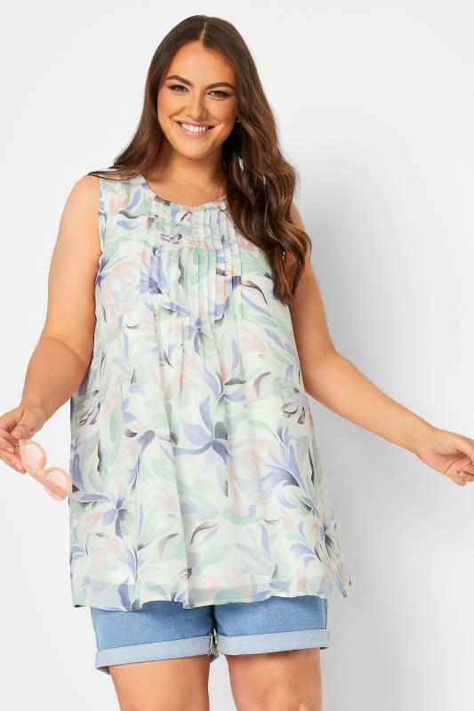 Plus Size  YOURS Curve Light Green Floral Pintuck Sleeveless Blouse