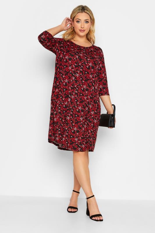 Plus Size Red Ditsy Print Drape Pocket Dress | Yours Clothing 2