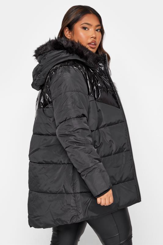 Plus Size  Black PU Panel Puffer Coat